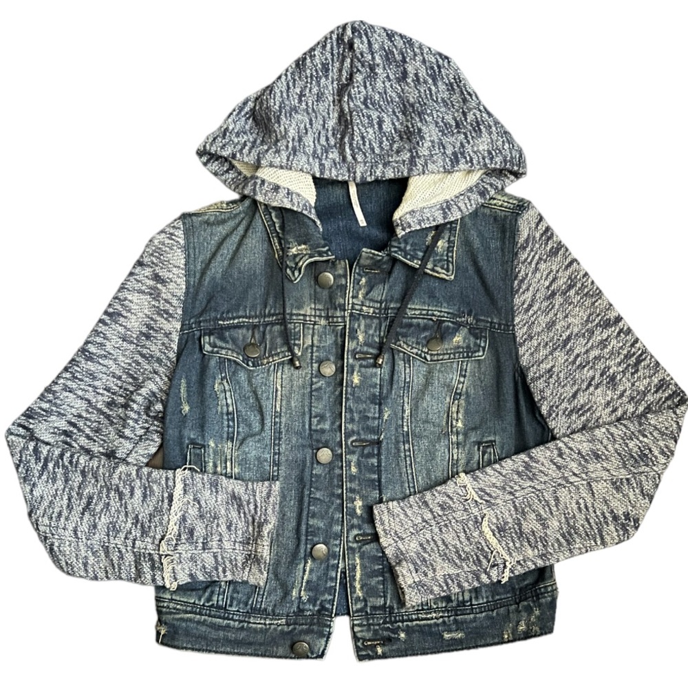 Free People Blue Knit Hooded Denim Jacket XS